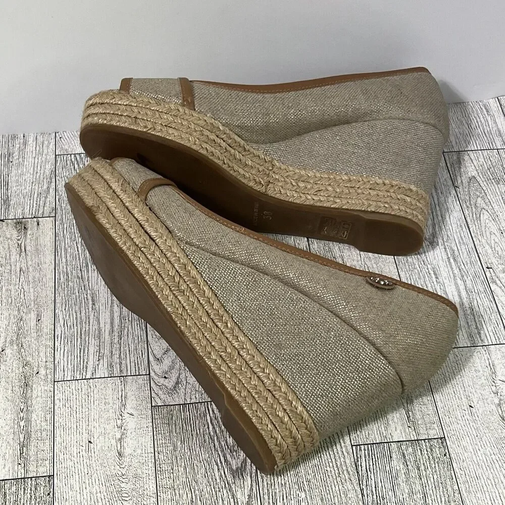 Tory Burch Beige and Brown Espadrille Wedge Peep-Toe